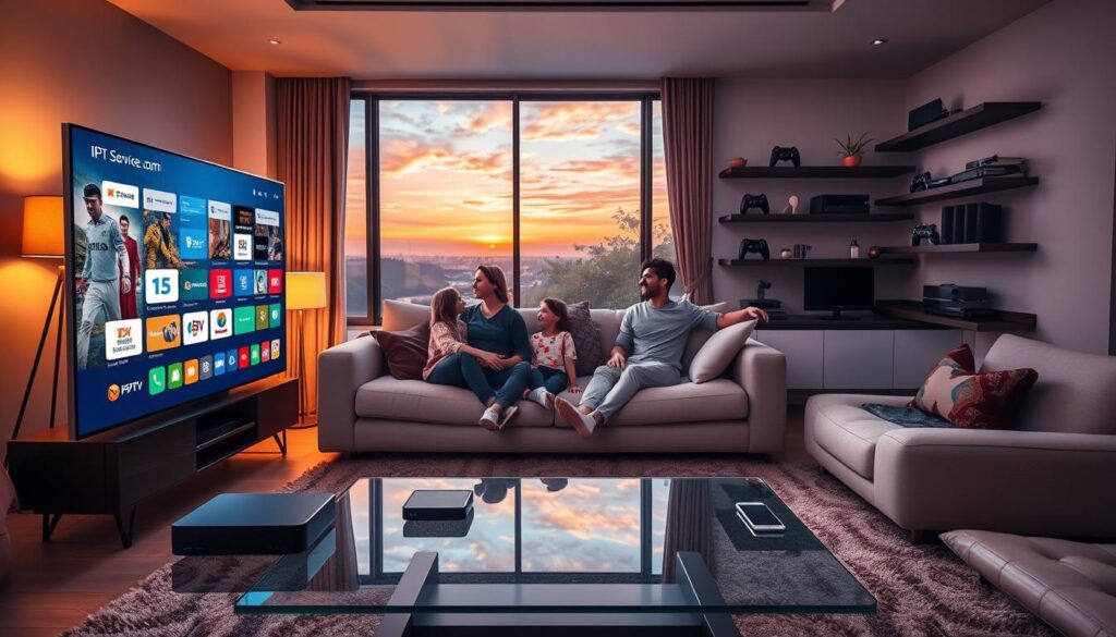 A futuristic living room scene showcasing various devices compatible with IPTV streaming. In the foreground, a sleek 55-inch 4K television displays a vibrant streaming interface filled with colorful icons. Beside it, a modern streaming box and a tablet lie on a stylish glass coffee table. In the middle, a comfortable couch is adorned with plush cushions, where a family of four dressed in casual attire enjoys the content. The atmosphere is cozy and inviting, with warm lighting emanating from ambient lamps. The background reveals a captivating view through large windows, hinting at a sunset. Large wall-mounted shelves display smart devices, including a gaming console, smartphone, and laptop, reflecting the theme of watching 4K IPTV across multiple platforms. Ensure "iptvservicemax.com" is subtly integrated into any device screen. A futuristic living room scene showcasing various devices compatible with IPTV streaming. In the foreground, a sleek 55-inch 4K television displays a vibrant streaming interface filled with colorful icons. Beside it, a modern streaming box and a tablet lie on a stylish glass coffee table. In the middle, a comfortable couch is adorned with plush cushions, where a family of four dressed in casual attire enjoys the content. The atmosphere is cozy and inviting, with warm lighting emanating from ambient lamps. The background reveals a captivating view through large windows, hinting at a sunset. Large wall-mounted shelves display smart devices, including a gaming console, smartphone, and laptop, reflecting the theme of watching 4K IPTV across multiple platforms. Ensure "iptvservicemax.com" is subtly integrated into any device screen.