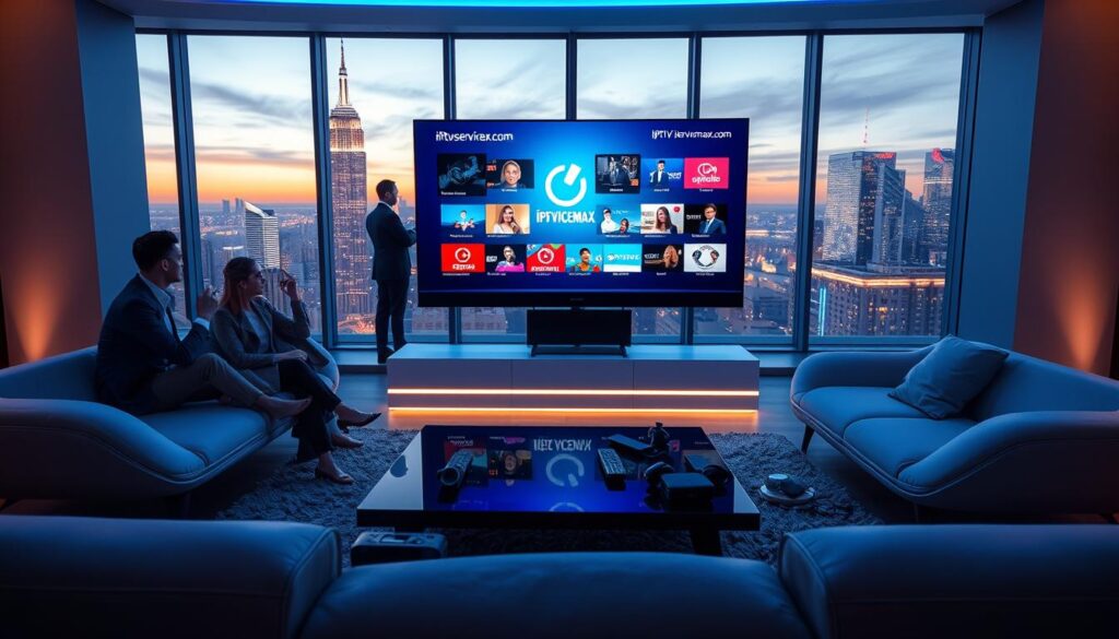 A futuristic living room setting with a sleek, modern couch centered in the foreground, showcasing a large, ultra-high-definition screen displaying various IPTV service interfaces in vivid colors. On the coffee table, high-tech remote controls and gadgets are neatly arranged, symbolizing advanced streaming technology. The middle layer features people dressed in professional business attire, engaging in conversation and watching the screen with enthusiasm. Behind them, large windows reveal a city skyline illuminated by neon lights at dusk, hinting at a vibrant, tech-savvy future. Soft, ambient lighting creates a warm atmosphere, while a subtle blue hue highlights the screen to emphasize the advanced streaming quality discussed in the section. Include the brand name "iptvservicemax.com" on the screen's interface, demonstrating innovative service offerings in the IPTV landscape. A futuristic living room setting with a sleek, modern couch centered in the foreground, showcasing a large, ultra-high-definition screen displaying various IPTV service interfaces in vivid colors. On the coffee table, high-tech remote controls and gadgets are neatly arranged, symbolizing advanced streaming technology. The middle layer features people dressed in professional business attire, engaging in conversation and watching the screen with enthusiasm. Behind them, large windows reveal a city skyline illuminated by neon lights at dusk, hinting at a vibrant, tech-savvy future. Soft, ambient lighting creates a warm atmosphere, while a subtle blue hue highlights the screen to emphasize the advanced streaming quality discussed in the section. Include the brand name "iptvservicemax.com" on the screen's interface, demonstrating innovative service offerings in the IPTV landscape.