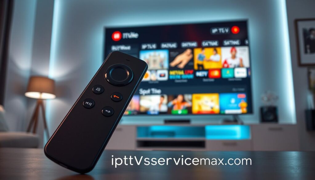 A high-tech IPTV player showcased on a sleek, modern Firestick remote, positioned prominently in the foreground. The remote is detailed with sharp textures and illuminated buttons, reflecting advanced features. In the middle ground, a large television screen displays a vibrant interface filled with various streaming options and channels, showcasing the functionality of the IPTV service. The background hints at a cozy living room environment with subtle ambient lighting that enhances the technological feel. The scene captures a professional and futuristic atmosphere, with bright lighting to highlight the electronics. Below the television, a subtle logo for "iptvservicemax.com" is visible, seamlessly integrated into the setting. The camera angle is slightly low, emphasizing the device's importance in a modern entertainment setup.