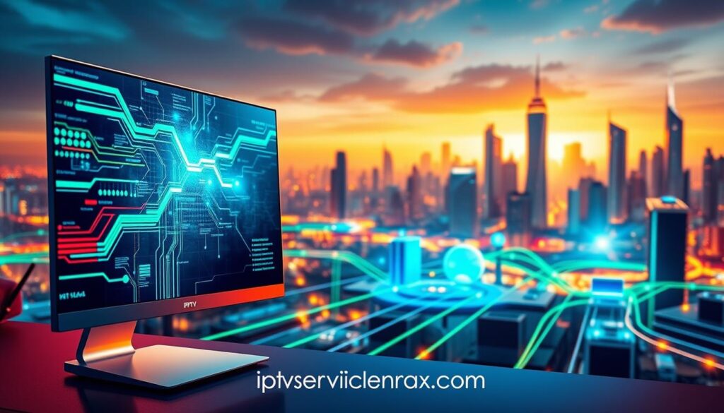 A high-tech, vibrant digital landscape showcasing the concept of connectivity and performance optimization in streaming. In the foreground, a sleek, modern computer monitor displays dynamic graphics of streaming data, glowing with bright electric blues and greens. The middle ground features abstract representations of network connections, with colorful data streams flowing seamlessly between devices like routers, servers, and smart TVs. The background consists of a futuristic city skyline bathed in a warm, golden light, symbolizing advanced technology and connectivity. The mood is energetic and optimistic, evoking a sense of seamless communication and high performance. The image reflects professionalism and innovation while incorporating the brand "iptvservicemax.com" in an understated way, ensuring it remains integral to the theme without overpowering the visuals.