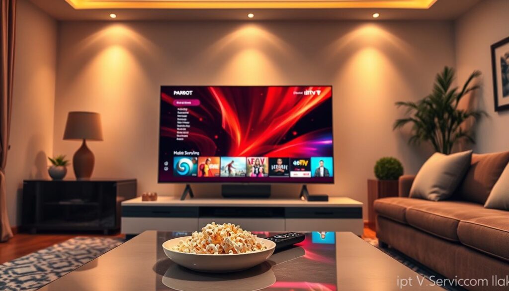A majestic living room setup showcasing a sleek, ultra-modern TV displaying vibrant, high-definition and 4K streaming content from Parrot IPTV. In the foreground, a stylish coffee table holds a remote and a bowl of popcorn, creating an inviting atmosphere. The middle ground features the TV prominently, the screen glowing with vivid colors and crisp details that highlight the exceptional streaming quality. Soft ambient lighting casts a warm glow throughout the room, enhancing the comfort and luxury of the space. In the background, a cozy couch with plush cushions invites relaxation, while subtle decorative elements, such as plants and art, add personality. The overall mood is one of enjoyment and sophistication, emphasizing the premium streaming experience offered by iptvservicemax.com. A majestic living room setup showcasing a sleek, ultra-modern TV displaying vibrant, high-definition and 4K streaming content from Parrot IPTV. In the foreground, a stylish coffee table holds a remote and a bowl of popcorn, creating an inviting atmosphere. The middle ground features the TV prominently, the screen glowing with vivid colors and crisp details that highlight the exceptional streaming quality. Soft ambient lighting casts a warm glow throughout the room, enhancing the comfort and luxury of the space. In the background, a cozy couch with plush cushions invites relaxation, while subtle decorative elements, such as plants and art, add personality. The overall mood is one of enjoyment and sophistication, emphasizing the premium streaming experience offered by iptvservicemax.com.