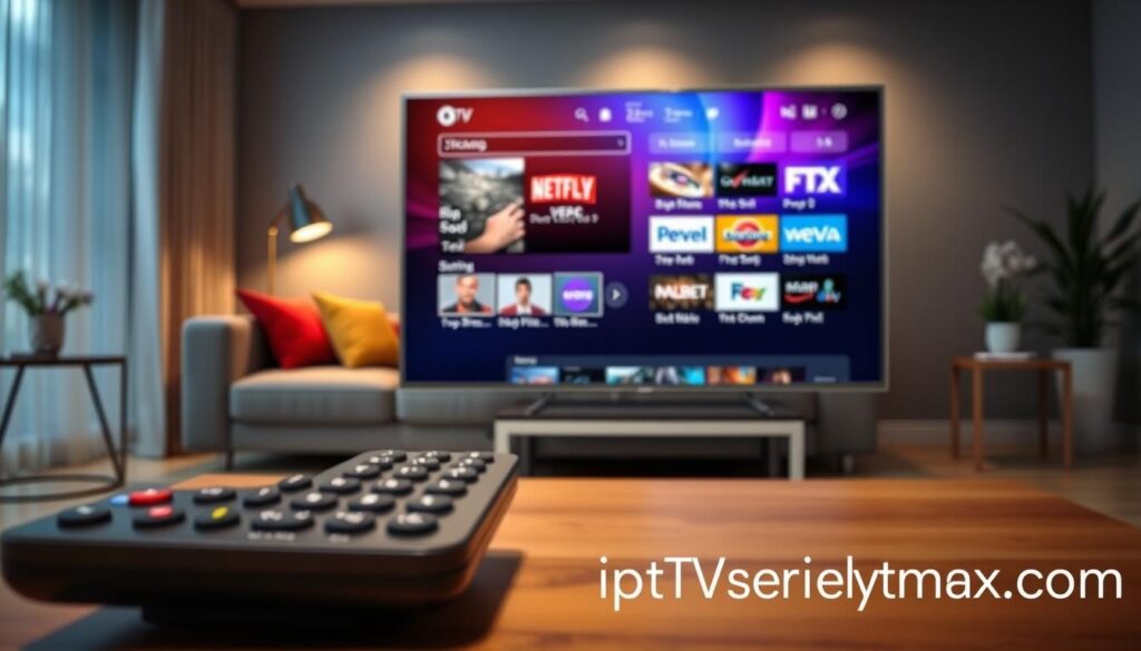 A modern Electronic Program Guide (EPG) interface displayed on a sleek, high-definition television screen in a cozy living room. The foreground features a remote control resting on a stylish coffee table, partially blurred to emphasize the vivid EPG interface on the screen, showcasing various streaming options and channel listings in an appealing layout. In the middle ground, a comfortable sofa with colorful cushions invites viewers to sit and enjoy streaming content. The background reveals soft ambient lighting, with a side table holding a potted plant for added warmth. The overall atmosphere is inviting and high-tech, reflecting the advancements in IPTV services. The scene subtly incorporates branding elements from iptvservicemax.com, enhancing its relevance to the theme of enhanced viewing experiences. A modern Electronic Program Guide (EPG) interface displayed on a sleek, high-definition television screen in a cozy living room. The foreground features a remote control resting on a stylish coffee table, partially blurred to emphasize the vivid EPG interface on the screen, showcasing various streaming options and channel listings in an appealing layout. In the middle ground, a comfortable sofa with colorful cushions invites viewers to sit and enjoy streaming content. The background reveals soft ambient lighting, with a side table holding a potted plant for added warmth. The overall atmosphere is inviting and high-tech, reflecting the advancements in IPTV services. The scene subtly incorporates branding elements from iptvservicemax.com, enhancing its relevance to the theme of enhanced viewing experiences.