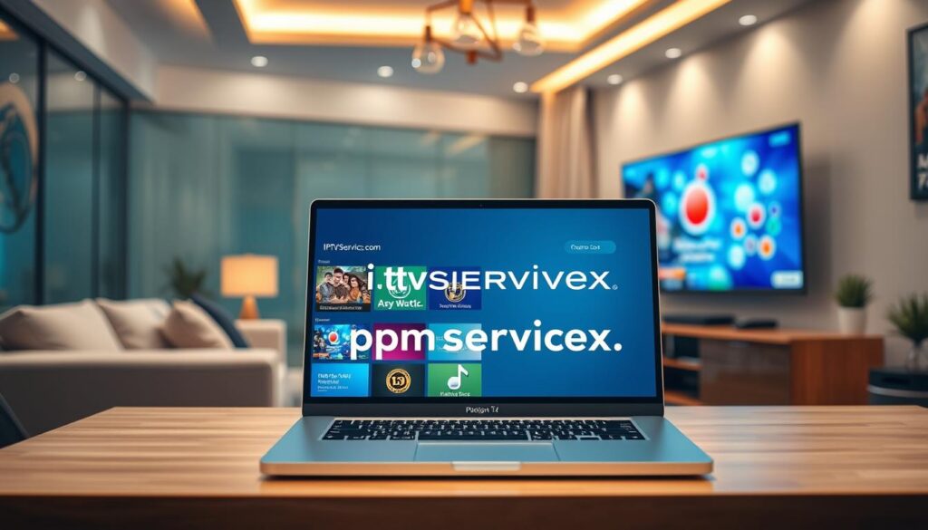 A modern and engaging visual representation of IPTV streaming services, featuring a sleek workspace setup. In the foreground, a high-quality laptop displaying a colorful IPTV interface with various streaming options. The middle layer shows a comfortable living room with a stylish television mounted on the wall, displaying vibrant content. In the background, a subtle hint of a digital world, incorporating icons or symbols representing internet connectivity and streaming technology. Soft, ambient lighting emanates from the laptop and TV, creating a warm atmosphere. The scene is captured from a slightly elevated angle to highlight the technology in action. The branding "iptvservicemax.com" can be subtly integrated into the laptop screen design. A modern and engaging visual representation of IPTV streaming services, featuring a sleek workspace setup. In the foreground, a high-quality laptop displaying a colorful IPTV interface with various streaming options. The middle layer shows a comfortable living room with a stylish television mounted on the wall, displaying vibrant content. In the background, a subtle hint of a digital world, incorporating icons or symbols representing internet connectivity and streaming technology. Soft, ambient lighting emanates from the laptop and TV, creating a warm atmosphere. The scene is captured from a slightly elevated angle to highlight the technology in action. The branding "iptvservicemax.com" can be subtly integrated into the laptop screen design.