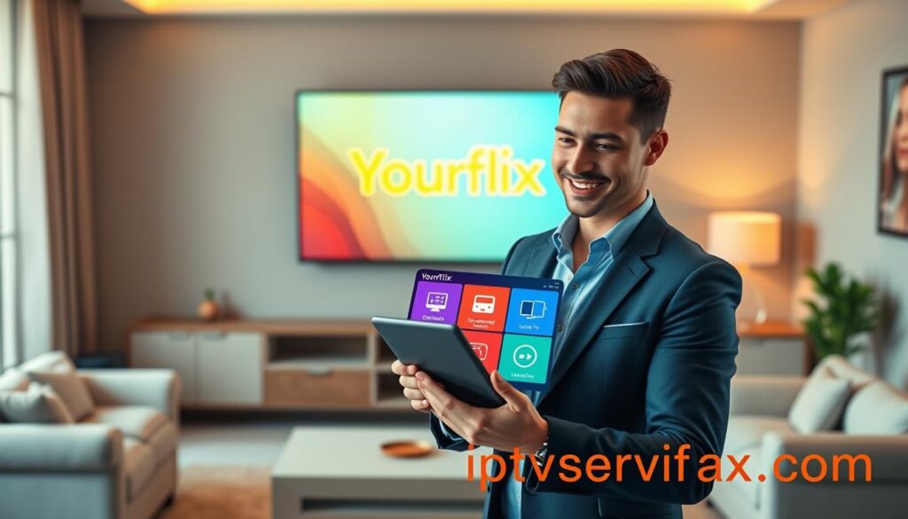 A modern and sleek digital workspace showcasing "Yourflix IPTV features and benefits overview." The foreground features a stylish tablet displaying a vibrant interface with various icons representing key features like on-demand content, multi-device access, and live TV. In the middle, a confident professional wearing business attire is engaged in using the tablet, with a look of satisfaction. The background features a blurred living room setting, complete with a smart TV displaying the "Yourflix" logo. Soft, natural lighting illuminates the scene, creating a welcoming atmosphere. The color palette is warm and inviting, emphasizing comfort and innovation. In the corner, the brand name "iptvservicemax.com" is subtly integrated into the design without text overlays.