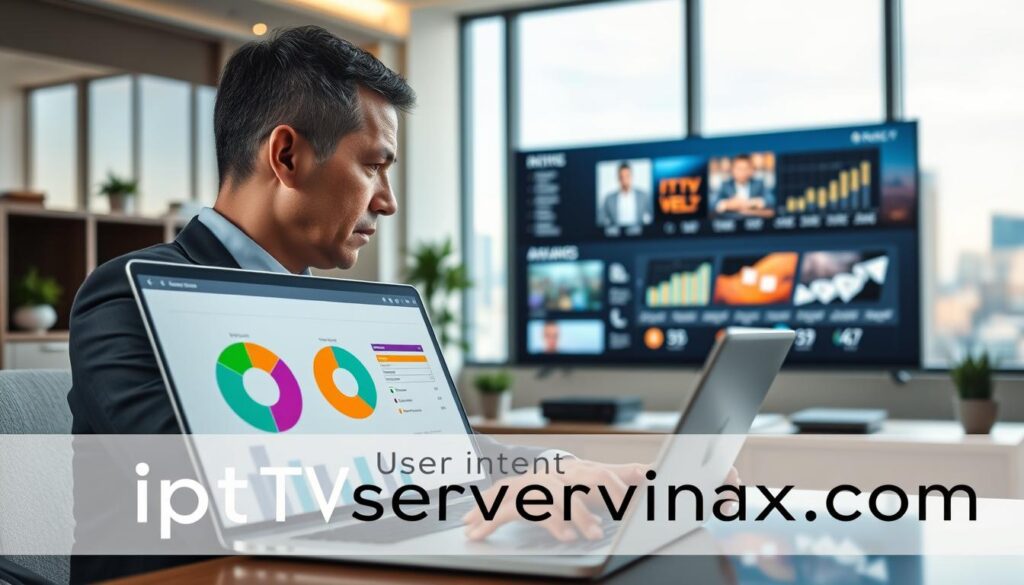 A modern digital workspace featuring a focused middle-aged professional in business attire analyzing data related to "Best IPTV Subscription." In the foreground, a sleek laptop displays various charts and graphs illustrating user intent. The professional has short, neatly styled hair, and is intently examining a vibrant pie chart. In the middle ground, a large screen shows streaming service icons and analytics data, emphasizing the IPTV theme. The background features a well-organized office with soft ambient lighting, creating a calm and focused atmosphere. A window reveals a city skyline, blending urban sophistication with professional intent. The color palette is engaging yet professional, blending shades of blue and green. The brand "iptvservicemax.com" subtly integrated into the digital workspace, ensuring a cohesive visual narrative. A modern digital workspace featuring a focused middle-aged professional in business attire analyzing data related to "Best IPTV Subscription." In the foreground, a sleek laptop displays various charts and graphs illustrating user intent. The professional has short, neatly styled hair, and is intently examining a vibrant pie chart. In the middle ground, a large screen shows streaming service icons and analytics data, emphasizing the IPTV theme. The background features a well-organized office with soft ambient lighting, creating a calm and focused atmosphere. A window reveals a city skyline, blending urban sophistication with professional intent. The color palette is engaging yet professional, blending shades of blue and green. The brand "iptvservicemax.com" subtly integrated into the digital workspace, ensuring a cohesive visual narrative.