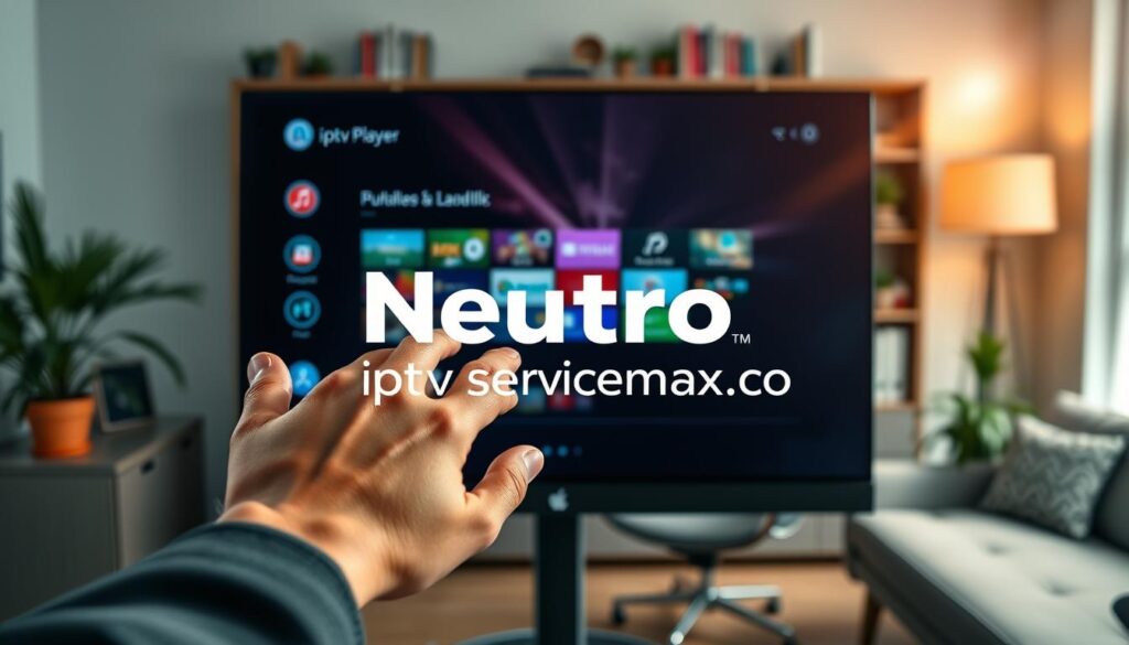 A modern digital workspace showcasing the Neutro IPTV Player interface on a sleek, high-resolution monitor. In the foreground, a close-up of a user’s hand interacting with the interface, displaying vibrant colors and easy navigation options. The middle ground features a stylish home office setup with a comfortable chair and ambient lighting, creating a cozy yet professional atmosphere. In the background, blurred shelves filled with tech books and subtle greenery to enhance the calming effect. The lighting is soft and warm, with a slight lens flare to add depth, reflecting a sense of trust and reliability. The brand name "iptvservicemax.com" is subtly integrated into the design elements of the interface, without distracting from the overall focus of the image.