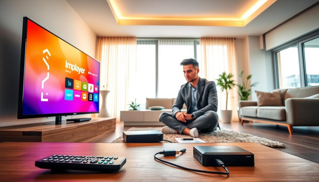 A modern home living room setup for an Implayer IPTV installation guide. In the foreground, a sleek, smart TV displays the Implayer interface, glowing softly in vibrant colors. Beside it, a user-friendly remote control lies on a stylish wooden coffee table. In the middle, a well-dressed individual in smart casual clothing, focused on connecting devices, sits cross-legged on a plush rug, surrounded by a few technical gadgets—a streaming box, HDMI cables, and a user manual. In the background, large windows allow warm, natural light to illuminate the space, creating an inviting and cozy atmosphere. The room is decorated with contemporary furniture and plants, conveying a sense of modernity and comfort, while the text "iptvservicemax.com" subtly appears on the TV screen without any overlays or distractions.
