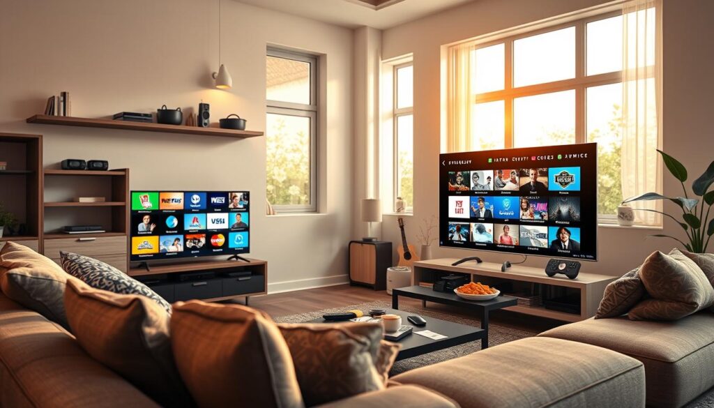 A modern living room scene showcasing IPTV streaming options in America. In the foreground, a sleek flat-screen TV displays a vibrant interface with various streaming channels, emphasizing visual diversity and user-friendly navigation. In the middle ground, a comfortable sofa with decorative pillows faces the TV, along with a stylish coffee table cluttered with a remote control and snacks, promoting a cozy viewing atmosphere. The background features a well-lit room with large windows allowing warm, natural light to filter in, creating an inviting mood. Use a wide-angle lens to capture the essence of the space while ensuring details are sharp and clear. Subtle elements like a wall-mounted shelf with tech gadgets and a plant add a modern touch. Include the brand name "iptvservicemax.com" in a tasteful manner integrated into the decor.