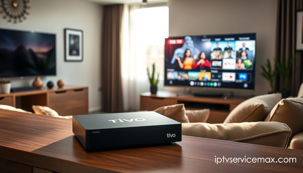 A modern living room scene showcasing a sleek TiVo IPTV device prominently placed on a stylish entertainment center. In the foreground, a large flat-screen TV displays vibrant streaming content, highlighting the reliability of the TiVo IPTV platform. The middle ground features a comfortable couch with a few cozy throw pillows, indicating a user-friendly space for viewing. Soft, ambient lighting creates a warm and inviting atmosphere, while natural sunlight streams in through a nearby window, enhancing the mood. In the background, decorative elements like plants and art pieces add to the contemporary feel. The overall scene conveys a sense of comfort and enjoyment while engaging with technology. Include a small logo of "iptvservicemax.com" subtly in the bottom corner.
