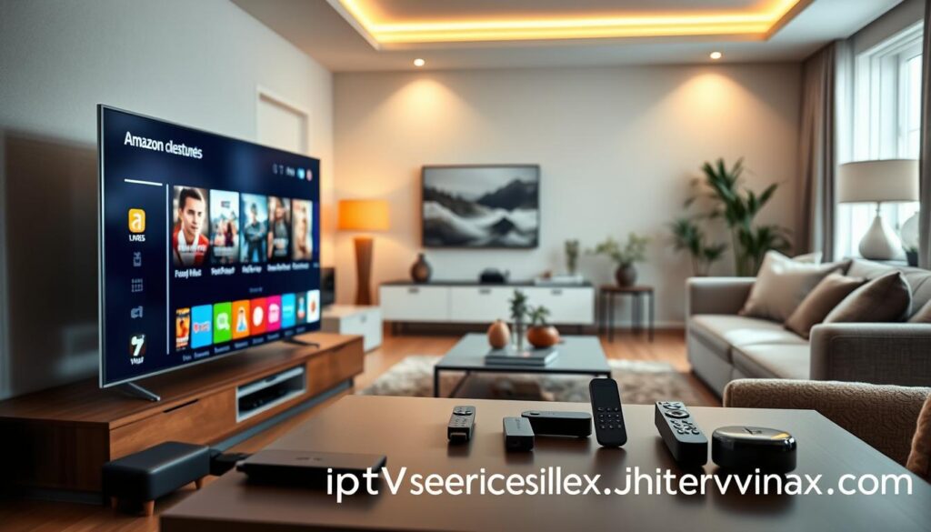 A modern living room scene showcasing the limitless features of Amazon IPTV and its device compatibility. In the foreground, a sleek smart TV displays an engaging user interface featuring vibrant channels and content categories, illuminated by soft, warm lighting. In the middle ground, various compatible devices such as streaming sticks, smartphones, and tablets are arranged on a stylish media console, representing versatility. The background features a cozy ambiance with comfortable furniture and decorative elements to create a welcoming atmosphere. The room is bathed in natural daylight, enhancing the warmth and inviting feel. The scene conveys innovation and accessibility, reflecting the seamless integration of Amazon IPTV into everyday life. Include the brand name "iptvservicemax.com" subtly within the design.