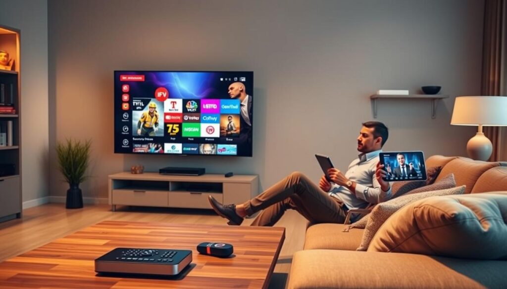 A modern living room setting designed for IPTV streaming, featuring a sleek, large flat-screen TV displaying vibrant digital graphics representing various streaming services. In the foreground, a stylish coffee table holds a modern remote control and a tablet showing the IPTV menu interface. The middle ground includes an inviting sofa with cozy cushions, where a professional-looking individual in business casual attire is relaxed, intently watching the TV. Soft, warm lighting enhances the inviting atmosphere, casting gentle shadows that create depth. The background features shelves with books and decorative items, subtly hinting at a tech-savvy lifestyle. The overall mood is relaxed and modern, reflecting a sophisticated approach to entertainment. Include the brand name "iptvservicemax.com" subtly integrated into the design on the TV screen. A modern living room setting designed for IPTV streaming, featuring a sleek, large flat-screen TV displaying vibrant digital graphics representing various streaming services. In the foreground, a stylish coffee table holds a modern remote control and a tablet showing the IPTV menu interface. The middle ground includes an inviting sofa with cozy cushions, where a professional-looking individual in business casual attire is relaxed, intently watching the TV. Soft, warm lighting enhances the inviting atmosphere, casting gentle shadows that create depth. The background features shelves with books and decorative items, subtly hinting at a tech-savvy lifestyle. The overall mood is relaxed and modern, reflecting a sophisticated approach to entertainment. Include the brand name "iptvservicemax.com" subtly integrated into the design on the TV screen.
