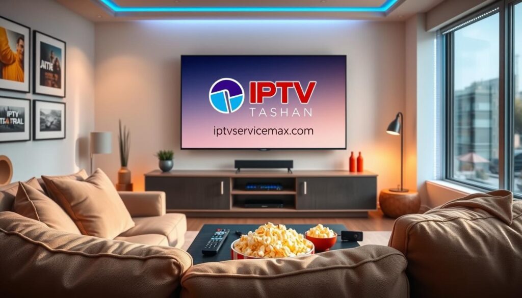 A modern living room setting designed for streaming, featuring a large flat-screen television displaying the logos of "IPTV Tashan" and "iptvservicemax.com". In the foreground, a cozy couch with plush pillows invites relaxation. The middle ground presents a stylish coffee table adorned with remote controls and a bowl of popcorn, symbolizing a perfect movie night. In the background, a large window allows natural sunlight to filter in, creating a warm and inviting atmosphere. The walls are decorated with framed artwork and soft LED lights enhance the mood. The image captures a sense of comfort and accessibility, inviting viewers to consider the reliable streaming services provided by IPTV Tashan, ideal for family or individual use in America. The lighting is bright, conveying a lively ambiance suitable for entertainment.