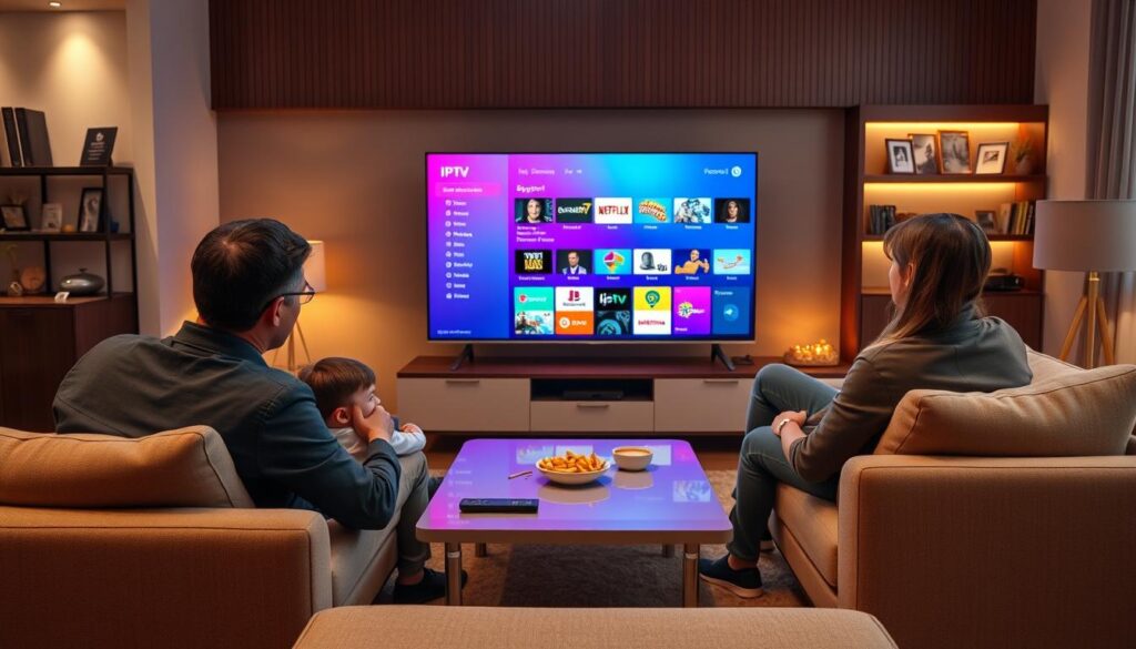 A modern living room setting featuring a family engaged in a seamless IPTV viewing experience. In the foreground, a diverse group of three people—two adults and a child—are seated comfortably on a stylish couch, dressed in casual but professional attire. They are intently watching a vibrant, colorful interface on a large flat-screen TV displaying a selection of IPTV channels, showcasing the user-friendly layout. The middle ground includes a sleek coffee table with snacks and a remote control. In the background, warm, ambient lighting creates a cozy atmosphere, with a well-decorated shelf displaying awards or tech gadgets. The scene embodies a positive customer experience with IPTV services, emphasizing support and usability, while maintaining a focus on quality and comfort. Include the brand name "iptvservicemax.com" subtly in the decor. A modern living room setting featuring a family engaged in a seamless IPTV viewing experience. In the foreground, a diverse group of three people—two adults and a child—are seated comfortably on a stylish couch, dressed in casual but professional attire. They are intently watching a vibrant, colorful interface on a large flat-screen TV displaying a selection of IPTV channels, showcasing the user-friendly layout. The middle ground includes a sleek coffee table with snacks and a remote control. In the background, warm, ambient lighting creates a cozy atmosphere, with a well-decorated shelf displaying awards or tech gadgets. The scene embodies a positive customer experience with IPTV services, emphasizing support and usability, while maintaining a focus on quality and comfort. Include the brand name "iptvservicemax.com" subtly in the decor.
