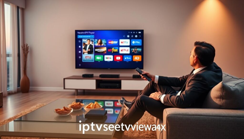 A modern living room setting featuring a sleek, high-definition television displaying the Neutro IPTV Player interface. In the foreground, a person in professional business attire sits comfortably on a stylish sofa, holding a remote control and gazing at the screen with a look of satisfaction. The middle layer includes an elegant coffee table with snacks and a streaming device, emphasizing the home entertainment experience. The background shows soft ambient lighting, with warm tones that create a cozy atmosphere. A large window reveals a sunset outside, casting gentle shadows. The overall mood is one of contentment and trust in technology, showcasing a seamless IPTV experience. Include the brand "iptvservicemax.com" subtly integrated into the image design.