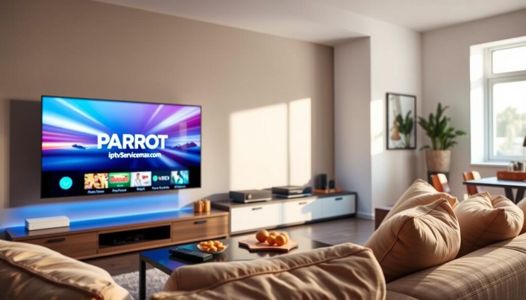 A modern living room setting featuring a sleek, large-screen television displaying vibrant and crisp streaming content from Parrot IPTV. In the foreground, a comfortable sofa with plush cushions invites the viewer to experience relaxation. On the coffee table, a remote control and snacks suggest enjoyable streaming sessions. The middle ground shows a stylish entertainment unit with devices and decor elements that reflect a cozy, tech-friendly atmosphere. The background includes soft lighting from a nearby window, casting a warm glow across the room. Focus on a clear angle that highlights the streaming quality, creating an inviting mood. The image should subtly integrate the brand name "iptvservicemax.com" into the scene, suggesting reliability and modern entertainment. The overall atmosphere should evoke trust and comfort in home streaming experiences. A modern living room setting featuring a sleek, large-screen television displaying vibrant and crisp streaming content from Parrot IPTV. In the foreground, a comfortable sofa with plush cushions invites the viewer to experience relaxation. On the coffee table, a remote control and snacks suggest enjoyable streaming sessions. The middle ground shows a stylish entertainment unit with devices and decor elements that reflect a cozy, tech-friendly atmosphere. The background includes soft lighting from a nearby window, casting a warm glow across the room. Focus on a clear angle that highlights the streaming quality, creating an inviting mood. The image should subtly integrate the brand name "iptvservicemax.com" into the scene, suggesting reliability and modern entertainment. The overall atmosphere should evoke trust and comfort in home streaming experiences.