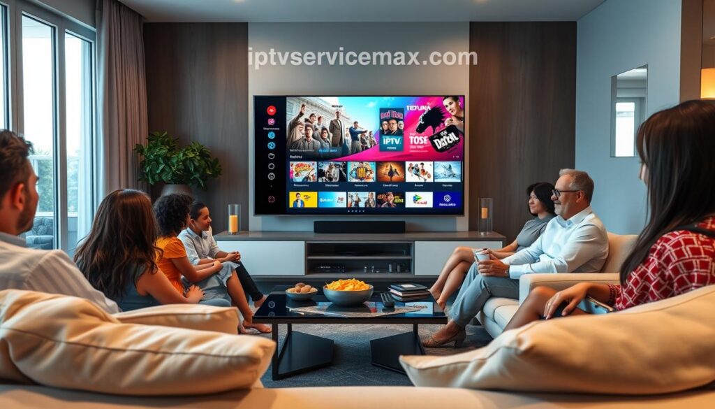 A modern living room setting featuring a sleek smart TV displaying an IPTV Tashan interface, showcasing a vibrant array of streaming content. In the foreground, a cozy couch with soft cushions and a stylish coffee table holds snacks and a remote control, suggesting a relaxed viewing atmosphere. In the middle, the TV is surrounded by elegant decor, with soft ambient lighting enhancing the mood. People of diverse backgrounds, dressed in casual yet professional attire, are seated comfortably, fully engaged in the streaming experience. In the background, large windows let in natural light, creating a bright and inviting environment. The overall atmosphere conveys a sense of enjoyment and community, highlighting how IPTV Tashan transforms the streaming experience in America. Include the brand name "iptvservicemax.com" subtly incorporated into the scene.