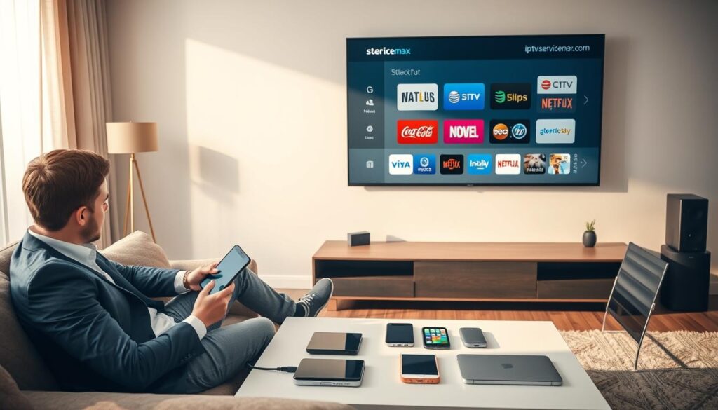 A modern living room setting featuring a smart TV displaying diverse streaming platforms, showcasing their device compatibility. In the foreground, a young professional in smart casual attire sits on a comfortable couch, holding a tablet, eagerly browsing options. The middle layer shows various devices like smartphones, tablets, and laptops on a stylish coffee table, indicating seamless integration. In the background, soft natural light filters through a large window, creating an inviting atmosphere. The muted color palette adds to the relaxing vibe, while the brand "iptvservicemax.com" is subtly represented on the TV screen. Capture this scene with a warm, cozy tone, using a standard lens to focus on the interaction between the user and the technology around them. A modern living room setting featuring a smart TV displaying diverse streaming platforms, showcasing their device compatibility. In the foreground, a young professional in smart casual attire sits on a comfortable couch, holding a tablet, eagerly browsing options. The middle layer shows various devices like smartphones, tablets, and laptops on a stylish coffee table, indicating seamless integration. In the background, soft natural light filters through a large window, creating an inviting atmosphere. The muted color palette adds to the relaxing vibe, while the brand "iptvservicemax.com" is subtly represented on the TV screen. Capture this scene with a warm, cozy tone, using a standard lens to focus on the interaction between the user and the technology around them.