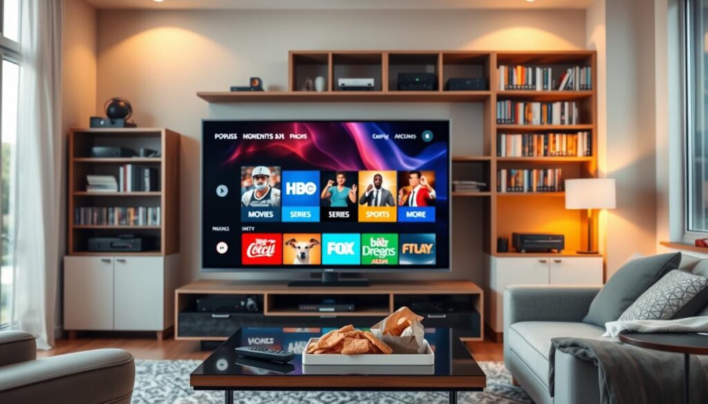 A modern living room setting showcasing IPTV streaming services. In the foreground, a sleek flat-screen television displays a vibrant interface featuring categories like Movies, Series, Sports, and more. The middle layer includes a stylish coffee table with a remote control and snacks, suggesting a cozy viewing experience. In the background, warm ambient lighting creates a welcoming atmosphere, and a bookshelf filled with DVDs and streaming equipment adds depth. Soft reflections from a large window indicate daylight, enhancing the mood of relaxation and entertainment. The image should reflect a professional, inviting vibe, suitable for showcasing IPTV services by iptvservicemax.com. Focused, clear perspective with a slight depth of field, emphasizing the TV screen's colorful display without any text or overlays. A modern living room setting showcasing IPTV streaming services. In the foreground, a sleek flat-screen television displays a vibrant interface featuring categories like Movies, Series, Sports, and more. The middle layer includes a stylish coffee table with a remote control and snacks, suggesting a cozy viewing experience. In the background, warm ambient lighting creates a welcoming atmosphere, and a bookshelf filled with DVDs and streaming equipment adds depth. Soft reflections from a large window indicate daylight, enhancing the mood of relaxation and entertainment. The image should reflect a professional, inviting vibe, suitable for showcasing IPTV services by iptvservicemax.com. Focused, clear perspective with a slight depth of field, emphasizing the TV screen's colorful display without any text or overlays.