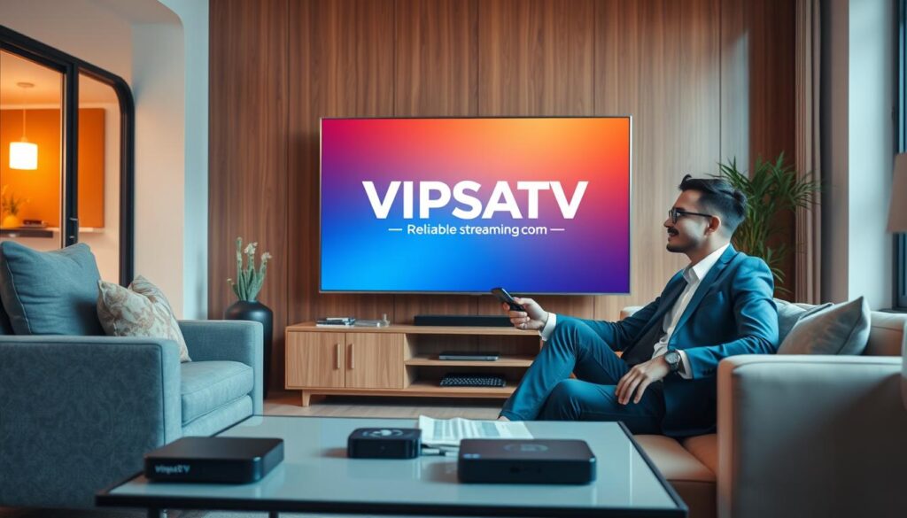 A modern living room setting showcasing a sleek television displaying the VIPSATV logo prominently, symbolizing reliable streaming through innovative technology. In the foreground, a professional-looking person in smart casual attire sits comfortably on a stylish couch, holding a remote with a focused expression, embodying engagement with the content. The middle ground features a coffee table with devices like a streaming box and a smartphone, reflecting a tech-savvy lifestyle. In the background, large windows let in warm, natural light, enhancing a cozy atmosphere. The color palette combines soft blues and warm neutrals to create a relaxed vibe, while the overall composition conveys professionalism and comfort. Include the brand name "iptvservicemax.com" subtly integrated into the design. A modern living room setting showcasing a sleek television displaying the VIPSATV logo prominently, symbolizing reliable streaming through innovative technology. In the foreground, a professional-looking person in smart casual attire sits comfortably on a stylish couch, holding a remote with a focused expression, embodying engagement with the content. The middle ground features a coffee table with devices like a streaming box and a smartphone, reflecting a tech-savvy lifestyle. In the background, large windows let in warm, natural light, enhancing a cozy atmosphere. The color palette combines soft blues and warm neutrals to create a relaxed vibe, while the overall composition conveys professionalism and comfort. Include the brand name "iptvservicemax.com" subtly integrated into the design.
