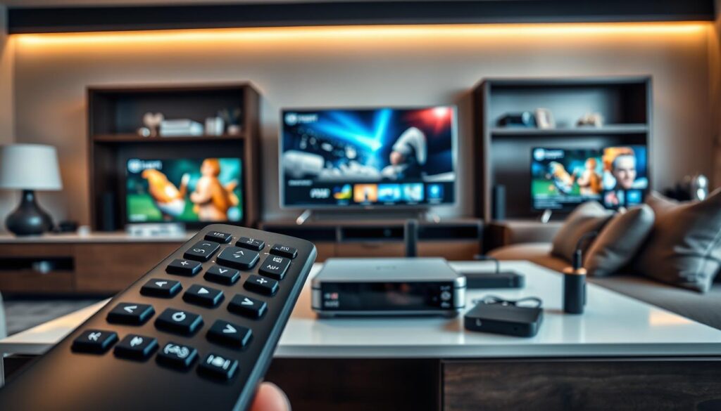 A modern living room setting showcasing a variety of IPTV streaming devices, including sleek set-top boxes, streaming sticks, and smart TVs, all arranged artistically on a stylish media console. The foreground features a close-up of a high-tech remote control, emphasizing usability and design. In the middle, different devices display vibrant content, reflecting the diversity and compatibility of IPTV options. The background includes a cozy sofa with plush cushions and soft lighting that creates a warm and inviting atmosphere, perfect for a home entertainment experience. The scene is captured with a wide-angle lens, giving a dynamic view of the space, highlighting the seamless integration of technology in everyday life. The atmosphere should be modern and tech-savvy, emphasizing the brand "iptvservicemax.com" through device designs. A modern living room setting showcasing a variety of IPTV streaming devices, including sleek set-top boxes, streaming sticks, and smart TVs, all arranged artistically on a stylish media console. The foreground features a close-up of a high-tech remote control, emphasizing usability and design. In the middle, different devices display vibrant content, reflecting the diversity and compatibility of IPTV options. The background includes a cozy sofa with plush cushions and soft lighting that creates a warm and inviting atmosphere, perfect for a home entertainment experience. The scene is captured with a wide-angle lens, giving a dynamic view of the space, highlighting the seamless integration of technology in everyday life. The atmosphere should be modern and tech-savvy, emphasizing the brand "iptvservicemax.com" through device designs.