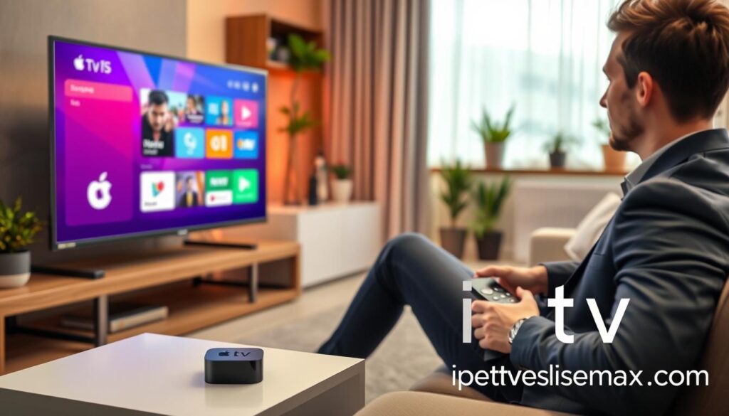 A modern living room setting showcasing an Apple TV on a sleek entertainment unit. In the foreground, a smart TV displays a vibrant interface of an IPTV app, with colorful tiles representing various streaming options. A person wearing a smart casual outfit sits on the couch, using the Apple TV remote, appearing focused and engaged. In the middle, the warm glow of soft ambient lighting creates a cozy atmosphere, while the background features a contemporary design with potted plants and minimalistic decor. The scene captures a seamless streaming experience with a hint of excitement, emphasizing technology in everyday life. Include the logo of iptvservicemax.com subtly integrated into the design, ensuring it blends naturally without overpowering the image.