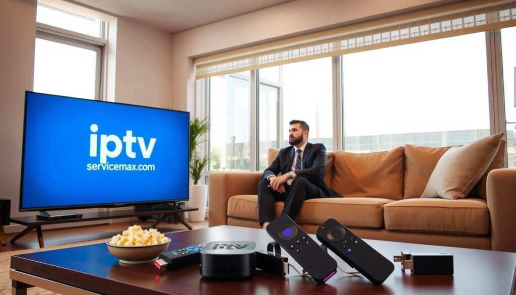 A modern living room setting showcasing the top legal IPTV providers in the USA. In the foreground, a sleek, stylish TV displaying the logo of "iptvservicemax.com". A well-dressed individual, in professional attire, is sitting comfortably on a plush sofa, focused on the screen, demonstrating engagement with the content. The middle ground features a coffee table with popular streaming devices like a sleek Roku, Amazon Fire Stick, and Apple TV, elegantly arranged beside a bowl of popcorn. In the background, large windows allow natural light to enter, creating a warm, inviting atmosphere with subtle reflections on the walls. The overall mood is relaxed yet enthusiastic, highlighting the enjoyment of legal IPTV options in a chic home environment.