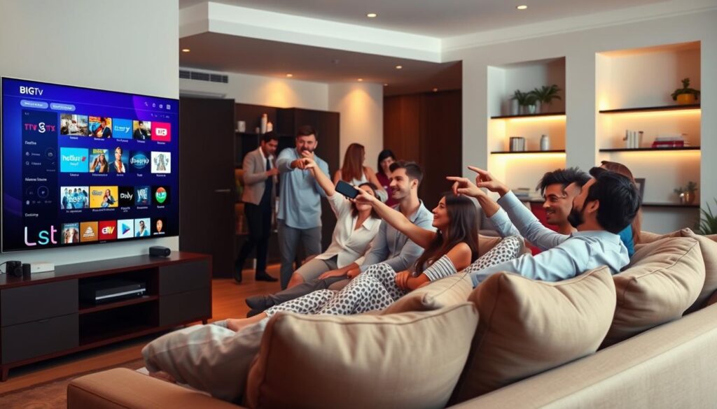 A modern living room setting showcasing the vibrant experience of streaming with B1G IPTV. In the foreground, a sleek flat-screen TV displays a dynamic menu with colorful thumbnails of TV shows and movies, reflecting the B1G IPTV service. The middle ground features a comfortable couch with stylish throw pillows, where a diverse group of spectators, dressed in smart casual attire, are engaged, excitedly pointing at the screen. In the background, soft ambient lighting fills the room, with elegant decor that includes subtle shelves with books and plants, giving a cozy feel. The atmosphere is lively yet relaxed, conveying the enjoyment of home entertainment. Highlight the brand "iptvservicemax.com" in an unobtrusive way, visible on digital devices within the scene. Use a warm color palette and ensure a focus on clarity and details, capturing the essence of a modern streaming service experience. A modern living room setting showcasing the vibrant experience of streaming with B1G IPTV. In the foreground, a sleek flat-screen TV displays a dynamic menu with colorful thumbnails of TV shows and movies, reflecting the B1G IPTV service. The middle ground features a comfortable couch with stylish throw pillows, where a diverse group of spectators, dressed in smart casual attire, are engaged, excitedly pointing at the screen. In the background, soft ambient lighting fills the room, with elegant decor that includes subtle shelves with books and plants, giving a cozy feel. The atmosphere is lively yet relaxed, conveying the enjoyment of home entertainment. Highlight the brand "iptvservicemax.com" in an unobtrusive way, visible on digital devices within the scene. Use a warm color palette and ensure a focus on clarity and details, capturing the essence of a modern streaming service experience.