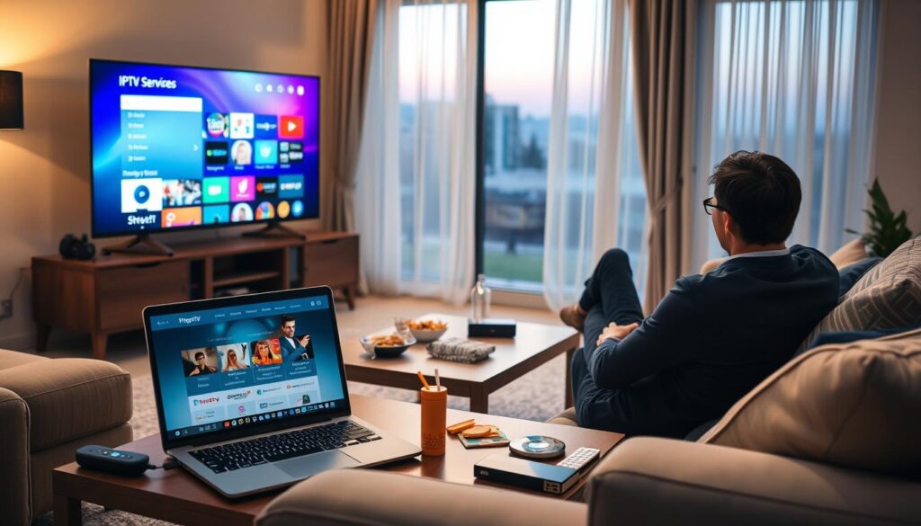 A modern living room setting with a cozy atmosphere, featuring a large flat-screen TV displaying a vibrant user interface of an IPTV service. In the foreground, a user sits comfortably on a stylish couch, focused on the screen, dressed in smart casual attire. On a coffee table nearby, there's a laptop open to the website "iptvservicemax.com", showcasing information about IPTV services. The middle ground should capture subtle details like streaming devices and remote controls, as well as snacks and a beverage for a relaxed vibe. In the background, soft ambient lighting casts a warm glow, with curtains slightly drawn to reveal a serene window view, evoking a sense of home entertainment. Aim for a clear, inviting, and informative composition that highlights the user intent and expectations regarding affordable streaming options. A modern living room setting with a cozy atmosphere, featuring a large flat-screen TV displaying a vibrant user interface of an IPTV service. In the foreground, a user sits comfortably on a stylish couch, focused on the screen, dressed in smart casual attire. On a coffee table nearby, there's a laptop open to the website "iptvservicemax.com", showcasing information about IPTV services. The middle ground should capture subtle details like streaming devices and remote controls, as well as snacks and a beverage for a relaxed vibe. In the background, soft ambient lighting casts a warm glow, with curtains slightly drawn to reveal a serene window view, evoking a sense of home entertainment. Aim for a clear, inviting, and informative composition that highlights the user intent and expectations regarding affordable streaming options.