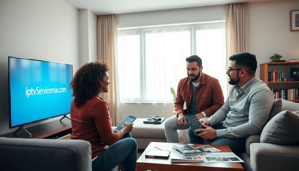 A modern living room setting with a sleek smart TV displaying the "iptvservicemax.com" logo, surrounded by comfortable seating. In the foreground, a diverse group of three individuals—an African American woman, a Caucasian man, and a Hispanic man—are attentively discussing IPTV services, dressed in smart casual clothing. Soft natural light filters in through a large window, creating a warm and inviting atmosphere. On a nearby coffee table, there are user guides and a tablet showcasing IPTV interface options. In the background, a cozy bookshelf filled with technology and media books adds depth to the scene. The focus is on collaboration and excitement about starting with a new IPTV service, emphasizing a user-friendly experience.