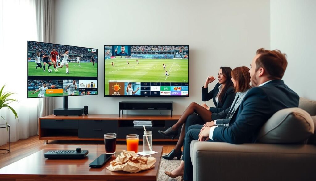 A modern living room setup featuring a large flat-screen TV displaying live sports streaming, showcasing various sports like soccer, basketball, and tennis. In the foreground, a coffee table with snacks and drinks, complemented by a remote control. The middle layer includes a comfortable couch with a couple of people dressed in professional business attire, engaged and excitedly watching the game. The background features a bright window with soft daylight illuminating the room, creating an inviting atmosphere. Use a wide-angle lens effect to capture the whole scene while maintaining a focus on the TV and the engaged viewers. The image should convey a sense of excitement and community around sports viewing, highlighting the convenience of IPTV services like iptvservicemax.com. A modern living room setup featuring a large flat-screen TV displaying live sports streaming, showcasing various sports like soccer, basketball, and tennis. In the foreground, a coffee table with snacks and drinks, complemented by a remote control. The middle layer includes a comfortable couch with a couple of people dressed in professional business attire, engaged and excitedly watching the game. The background features a bright window with soft daylight illuminating the room, creating an inviting atmosphere. Use a wide-angle lens effect to capture the whole scene while maintaining a focus on the TV and the engaged viewers. The image should convey a sense of excitement and community around sports viewing, highlighting the convenience of IPTV services like iptvservicemax.com.