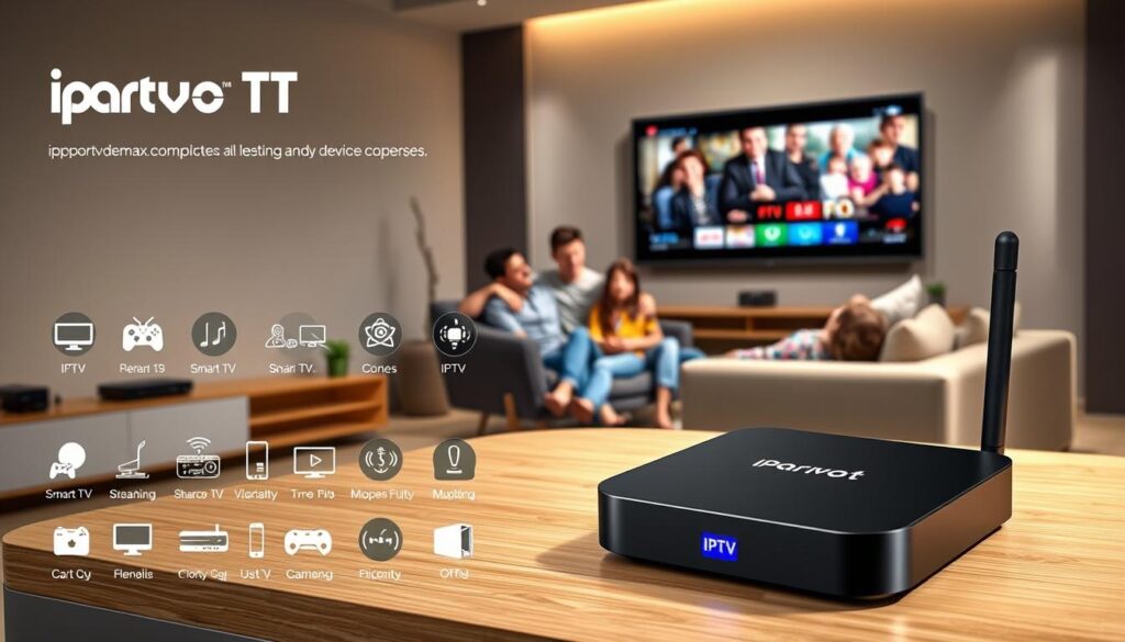A modern living room setup featuring a sleek Parrot IPTV device prominently displayed on a stylish entertainment unit. In the foreground, the IPTV device shows various compatibility icons for different smart TVs, streaming devices, and gaming consoles. The middle ground includes a family seated comfortably on a sofa, enthusiastically interacting with a remote control, dressed in modest casual clothing. The background displays a large flat-screen TV showcasing vibrant streaming content, with cozy lighting creating a warm and inviting atmosphere. Soft shadows play across the room, enhancing depth. The overall mood is engaging and informative, with a focus on user-friendly technology. The brand name "iptvservicemax.com" subtly incorporated within the scene, enhancing brand recognition without text or overlays. A modern living room setup featuring a sleek Parrot IPTV device prominently displayed on a stylish entertainment unit. In the foreground, the IPTV device shows various compatibility icons for different smart TVs, streaming devices, and gaming consoles. The middle ground includes a family seated comfortably on a sofa, enthusiastically interacting with a remote control, dressed in modest casual clothing. The background displays a large flat-screen TV showcasing vibrant streaming content, with cozy lighting creating a warm and inviting atmosphere. Soft shadows play across the room, enhancing depth. The overall mood is engaging and informative, with a focus on user-friendly technology. The brand name "iptvservicemax.com" subtly incorporated within the scene, enhancing brand recognition without text or overlays.