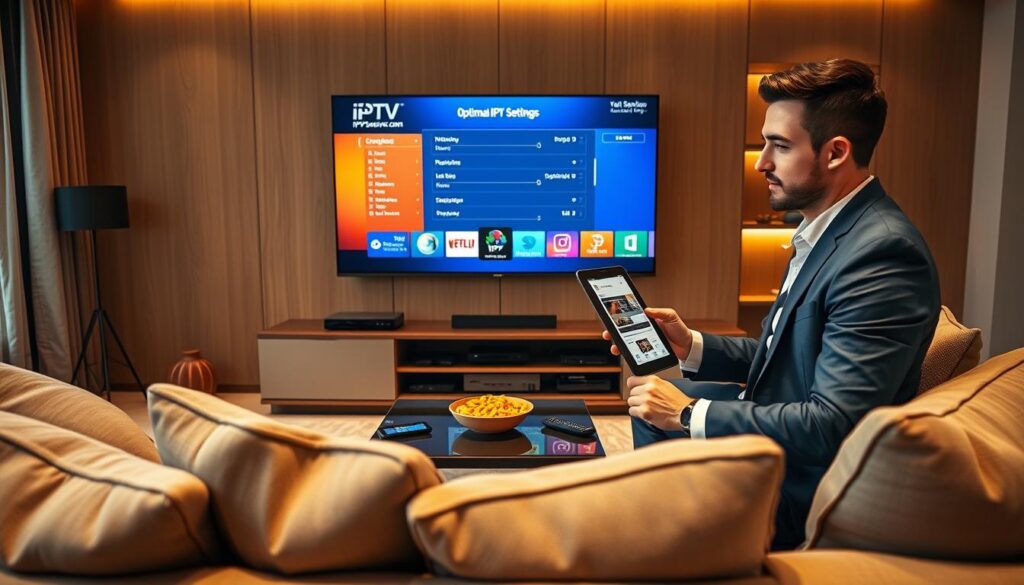 A modern living room setup featuring a sleek TV displaying an optimal IPTV interface from iptvservicemax.com. In the foreground, a cozy couch is adorned with plush cushions, while a stylish coffee table holds a remote and snack bowl. In the middle, a tech-savvy individual in smart casual attire demonstrates configuring the IPTV settings on a tablet, showcasing an engaged and focused expression. The background displays a well-organized entertainment center with various streaming devices, elegantly lit with warm, ambient lighting for a welcoming atmosphere. The angle is slightly elevated, capturing the entire scene with a shallow depth of field, emphasizing the IPTV setup and the user’s interaction with the technology. The mood is informative and engaging, perfect for understanding tips for optimizing streaming quality.
