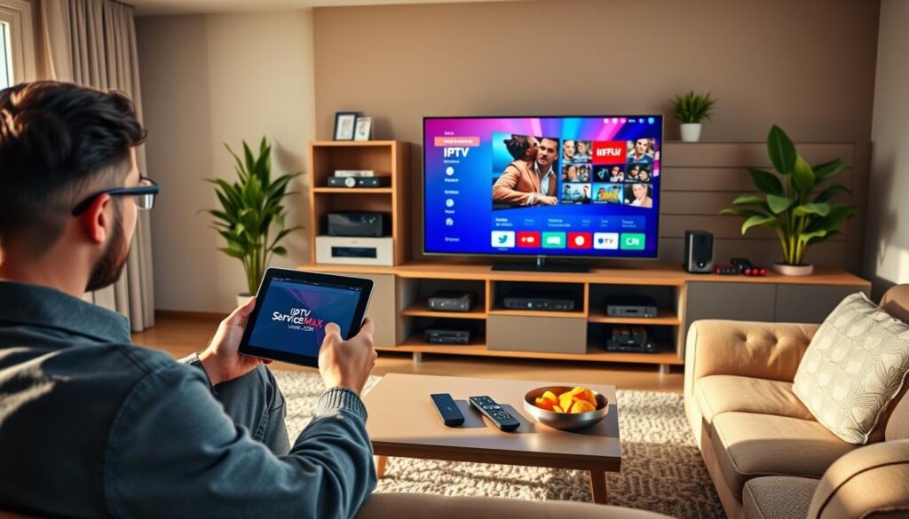 A modern living room setup featuring a sleek flat-screen TV displaying a vibrant IPTV interface, with a stylish coffee table holding a remote control and snacks. The foreground showcases a user (in professional casual attire) seated comfortably on a plush sofa, holding a tablet with the website "iptvservicemax.com" visible on the screen. In the middle background, an organized entertainment center displays various multimedia devices and cable connections, accompanied by decorative plants for a homely touch. The backdrop consists of a softly lit room with warm ambiance, enhanced by natural sunlight streaming through a window. The overall mood is inviting and informative, emphasizing a seamless IPTV experience in a contemporary American setting.
