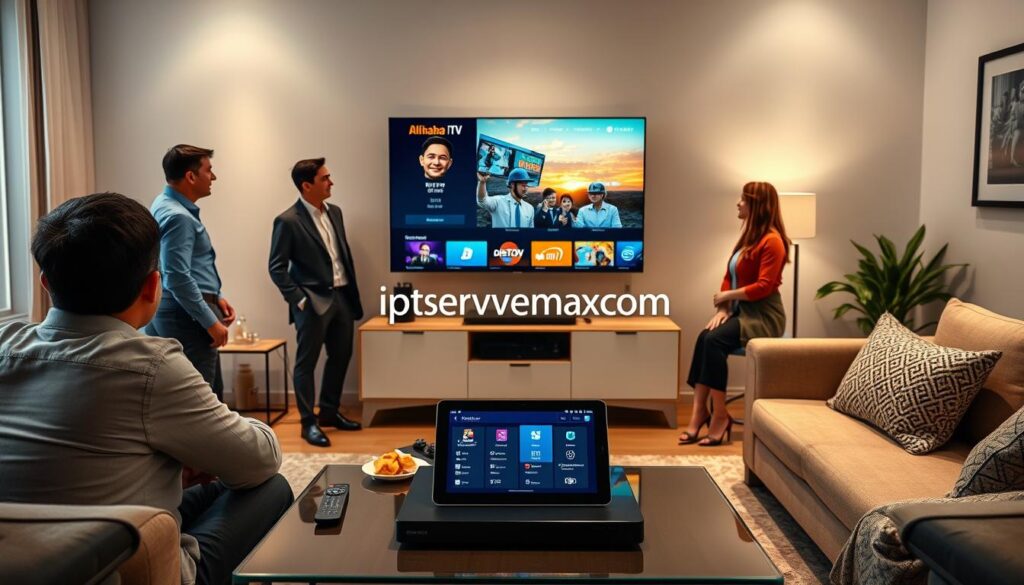 A modern living room setup showcasing a sleek television displaying the Alibaba IPTV interface on a popular media player. In the foreground, a diverse group of three people, two men and one woman, are attentively watching the screen, dressed in professional business attire. The middle ground features a stylish coffee table with remote controls, snacks, and a tablet displaying streaming options. In the background, soft ambient lighting enhances the cozy atmosphere of the room, complete with comfortable furniture and subtle decorative elements like plants and framed artwork. The scene captures the essence of enjoying reliable US streaming, highlighting the ease and convenience of using Alibaba IPTV with popular media players. The brand name "iptvservicemax.com" is subtly integrated into the design elements of the room.