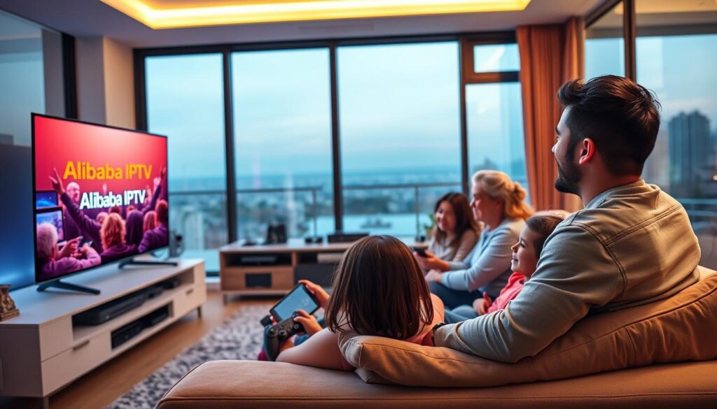 A modern living room showcasing a family enjoying uninterrupted streaming on a sleek flat-screen TV displaying the Alibaba IPTV logo. In the foreground, a diverse family dressed in casual attire is cozily seated on a comfortable couch, their expressions filled with joy and engagement. The middle ground features a stylish entertainment unit with devices and gaming consoles, and ambient lighting casts a warm glow throughout the room. In the background, large windows reveal a serene outdoor view, enhancing the sense of relaxation. The atmosphere is inviting, emphasizing the seamless connectivity and reliability of Alibaba IPTV. Ensure the image uses natural lighting, with a slight lens blur to focus on the family interaction while showcasing the tech in a clear, vivid manner. The website "iptvservicemax.com" subtly reflected in the design elements.