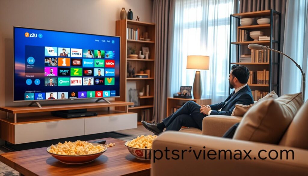 A modern living room space with a sleek flat-screen TV displaying the z2u IPTV interface, showcasing a variety of vibrant channel options. In the foreground, a stylish coffee table holds a remote control and a bowl of popcorn, emphasizing a cozy streaming experience. The middle ground features a comfortable sofa with a person in professional business attire, deeply engaged in selecting channels, illuminated by warm ambient lighting from a nearby lamp. The background reveals a carefully arranged bookshelf filled with books and decorative items, creating a welcoming atmosphere. Soft light filters through sheer curtains, enhancing the inviting mood. Emphasize the brand "iptvservicemax.com" subtly integrated into the design of the IPTV interface.
