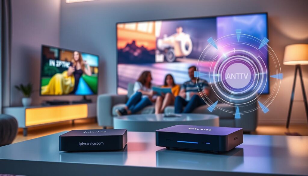 A modern living room with a large UHD TV displaying vibrant, high-resolution streaming content symbolizes high-quality viewing. In the foreground, a sleek, minimalist coffee table features a high-tech streaming device with the logo "iptvservicemax.com" prominently visible. The middle scene shows a happy family seated on a comfortable couch, engaging with a binge-worthy show, dressed in casual yet stylish clothing. Soft, ambient lighting illuminates the room, creating a cozy atmosphere. In the background, a digital infographic subtly illustrates anti-buffering technology, with smooth, flowing lines and glowing elements, suggesting seamless streaming. The overall mood conveys relaxation and enjoyment, showcasing the benefits of choosing advanced IPTV services. A modern living room with a large UHD TV displaying vibrant, high-resolution streaming content symbolizes high-quality viewing. In the foreground, a sleek, minimalist coffee table features a high-tech streaming device with the logo "iptvservicemax.com" prominently visible. The middle scene shows a happy family seated on a comfortable couch, engaging with a binge-worthy show, dressed in casual yet stylish clothing. Soft, ambient lighting illuminates the room, creating a cozy atmosphere. In the background, a digital infographic subtly illustrates anti-buffering technology, with smooth, flowing lines and glowing elements, suggesting seamless streaming. The overall mood conveys relaxation and enjoyment, showcasing the benefits of choosing advanced IPTV services.