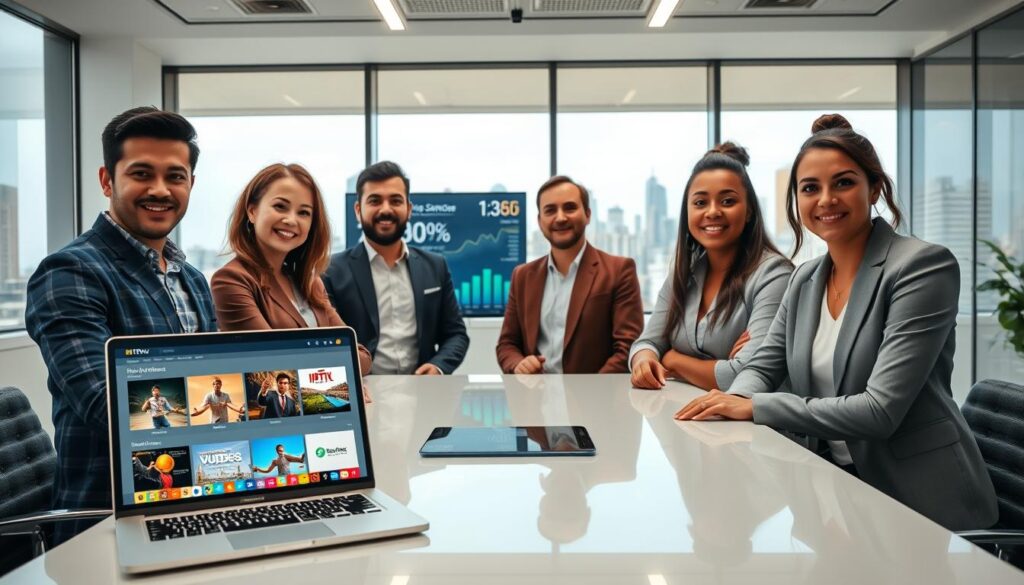 A modern office environment featuring a confident team of four diverse professionals, dressed in smart casual attire, gathered around a sleek conference table. In the foreground, a laptop with an open IPTV Geeks interface displays various streaming options. In the middle, there are multiple digital screens showcasing market analytics and performance metrics relevant to IPTV services. The background features a large window with a city skyline view, emphasizing the market position of IPTV Geeks. The lighting is bright and professional, highlighting the team's engagement and enthusiasm. The atmosphere is collaborative and dynamic, reflecting innovation in the streaming industry. Include a subtle branding element of "iptvservicemax.com" on one of the screens, ensuring it's visually integrated into the scene without being distracting. A modern office environment featuring a confident team of four diverse professionals, dressed in smart casual attire, gathered around a sleek conference table. In the foreground, a laptop with an open IPTV Geeks interface displays various streaming options. In the middle, there are multiple digital screens showcasing market analytics and performance metrics relevant to IPTV services. The background features a large window with a city skyline view, emphasizing the market position of IPTV Geeks. The lighting is bright and professional, highlighting the team's engagement and enthusiasm. The atmosphere is collaborative and dynamic, reflecting innovation in the streaming industry. Include a subtle branding element of "iptvservicemax.com" on one of the screens, ensuring it's visually integrated into the scene without being distracting.