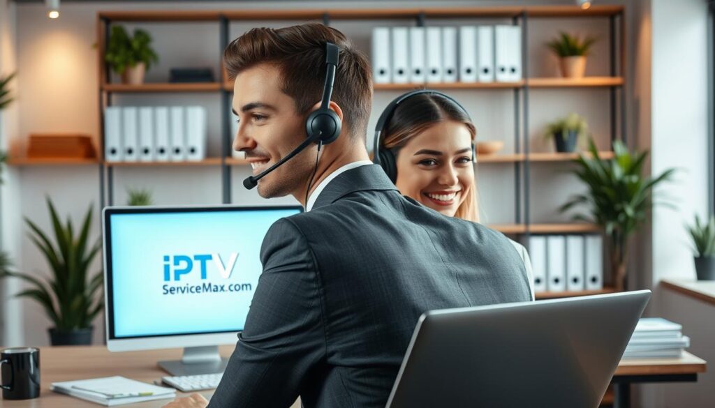 A modern office setting, depicting a friendly and professional customer support representative assisting a client via headset. In the foreground, a focused individual in business attire, showing empathy and expertise, with a glowing computer screen displaying the logo "iptvservicemax.com". The middle ground features a well-organized desk with notepads, a coffee mug, and a sleek laptop, symbolizing efficiency. In the background, soft ambient lighting creates a warm and inviting atmosphere, with shelves of neatly arranged books and potted plants adding to the professionalism. The image should evoke a sense of reliability and reassurance, emphasizing the importance of customer service in a busy streaming world. The angle should be slightly from the side to capture both the representative and the supportive environment. A modern office setting, depicting a friendly and professional customer support representative assisting a client via headset. In the foreground, a focused individual in business attire, showing empathy and expertise, with a glowing computer screen displaying the logo "iptvservicemax.com". The middle ground features a well-organized desk with notepads, a coffee mug, and a sleek laptop, symbolizing efficiency. In the background, soft ambient lighting creates a warm and inviting atmosphere, with shelves of neatly arranged books and potted plants adding to the professionalism. The image should evoke a sense of reliability and reassurance, emphasizing the importance of customer service in a busy streaming world. The angle should be slightly from the side to capture both the representative and the supportive environment.