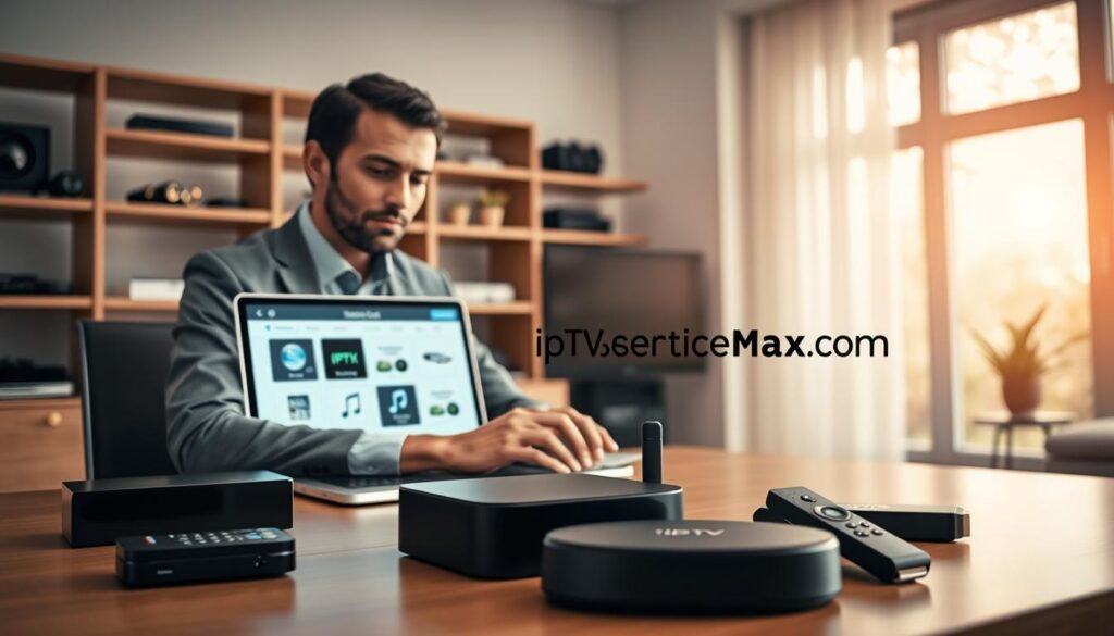 A modern, sleek home office setting with a focus on selecting an IPTV service. In the foreground, a person dressed in professional business attire is sitting at a stylish desk, intently examining a laptop screen displaying information about IPTV options. The middle ground features an assortment of IPTV devices, like set-top boxes and streaming sticks, arranged neatly around the laptop. The background shows a softly lit room with shelves containing tech gadgets and a large window letting in warm, natural light to create a cozy atmosphere. The mood is focused and professional. Include the brand name "iptvservicemax.com" subtly integrated into the laptop screen’s content. The image should convey a sense of careful consideration and reliability in choosing a streaming service. Use a balanced composition with soft shadows and a slightly blurred depth of field for emphasis.