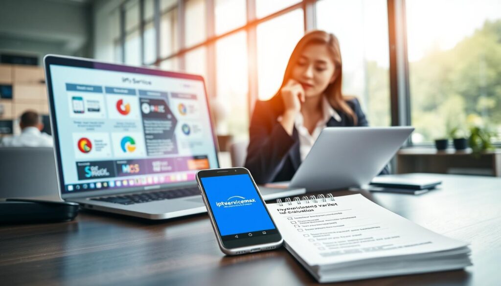 A modern, sleek workspace featuring a well-organized desk with a laptop open to a digital interface showcasing IPTV service criteria. In the foreground, a professional woman in business attire is thoughtfully reviewing documents with visual graphs and bullet points about streaming quality, channel variety, and cost-effectiveness. In the middle ground, a notepad displays a checklist with key evaluation factors, along with a smartphone displaying the logo of "iptvservicemax.com." The background features a large window with natural light pouring in, creating a bright and inviting atmosphere. The entire scene should convey a sense of professionalism and diligence, emphasizing an analytical approach to evaluating cheap IPTV services. Soft focus on the background to highlight the main subject.