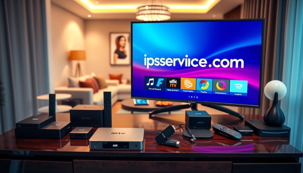 A modern, visually appealing setup showcasing various IPTV players optimized for Firestick, arranged on a sleek, dark wood media console. In the foreground, a vibrant 4K Smart TV displays the logo of "iptvservicemax.com" prominently in the center of the screen. Surrounding the TV, several IPTV player devices, including compact set-top boxes and sleek remote controls, are artistically arranged. The middle layer features a cozy living room ambiance with a plush sofa and stylish coffee table, adorned with snacks and a digital tablet. In the background, soft ambient lighting creates a warm and inviting atmosphere, with subtle reflections on the glossy console surface. The scene conveys a cutting-edge yet relaxed mood, ideal for tech-savvy viewers exploring IPTV options for their Firestick. A modern, visually appealing setup showcasing various IPTV players optimized for Firestick, arranged on a sleek, dark wood media console. In the foreground, a vibrant 4K Smart TV displays the logo of "iptvservicemax.com" prominently in the center of the screen. Surrounding the TV, several IPTV player devices, including compact set-top boxes and sleek remote controls, are artistically arranged. The middle layer features a cozy living room ambiance with a plush sofa and stylish coffee table, adorned with snacks and a digital tablet. In the background, soft ambient lighting creates a warm and inviting atmosphere, with subtle reflections on the glossy console surface. The scene conveys a cutting-edge yet relaxed mood, ideal for tech-savvy viewers exploring IPTV options for their Firestick.