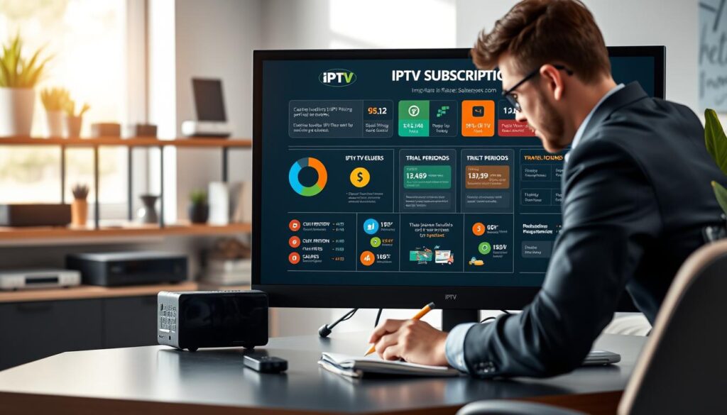 A modern workspace featuring a sleek desktop with a high-resolution monitor displaying an infographic on IPTV subscription insights. The infographic creatively illustrates various plans, payment options, and trial periods, with vibrant colors and engaging visuals such as pie charts and icons. In the foreground, a person in professional attire, focused and engaged, takes notes on a notepad beside the monitor. The middle background includes a cozy home environment with a shelf of technology gadgets and a plant for a touch of warmth. Soft, natural light flows in from a nearby window, creating an inviting atmosphere. The image subtly includes the text "iptvservicemax.com" as part of the infographic design. The overall mood is informative and professional, appealing to Fire TV users exploring IPTV options. A modern workspace featuring a sleek desktop with a high-resolution monitor displaying an infographic on IPTV subscription insights. The infographic creatively illustrates various plans, payment options, and trial periods, with vibrant colors and engaging visuals such as pie charts and icons. In the foreground, a person in professional attire, focused and engaged, takes notes on a notepad beside the monitor. The middle background includes a cozy home environment with a shelf of technology gadgets and a plant for a touch of warmth. Soft, natural light flows in from a nearby window, creating an inviting atmosphere. The image subtly includes the text "iptvservicemax.com" as part of the infographic design. The overall mood is informative and professional, appealing to Fire TV users exploring IPTV options.