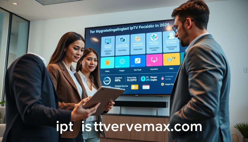 A professional and modern workspace featuring a large digital screen displaying the key criteria for selecting the best IPTV providers in the USA for 2026. In the foreground, a diverse group of three business professionals in smart attire, analyzing statistics and charts related to streaming quality on a sleek tablet. In the middle ground, the vibrant screen shows visually appealing icons representing important factors like content variety, internet speed, customer support, and user interface design. The background has an office setting with minimalistic decor, emphasizing technology and innovation. Soft, focused lighting creates a bright and informative atmosphere, while a camera angle from a low perspective enhances the importance of the screen and the engaged professionals. The brand "iptvservicemax.com" subtly integrated into the composition. A professional and modern workspace featuring a large digital screen displaying the key criteria for selecting the best IPTV providers in the USA for 2026. In the foreground, a diverse group of three business professionals in smart attire, analyzing statistics and charts related to streaming quality on a sleek tablet. In the middle ground, the vibrant screen shows visually appealing icons representing important factors like content variety, internet speed, customer support, and user interface design. The background has an office setting with minimalistic decor, emphasizing technology and innovation. Soft, focused lighting creates a bright and informative atmosphere, while a camera angle from a low perspective enhances the importance of the screen and the engaged professionals. The brand "iptvservicemax.com" subtly integrated into the composition.