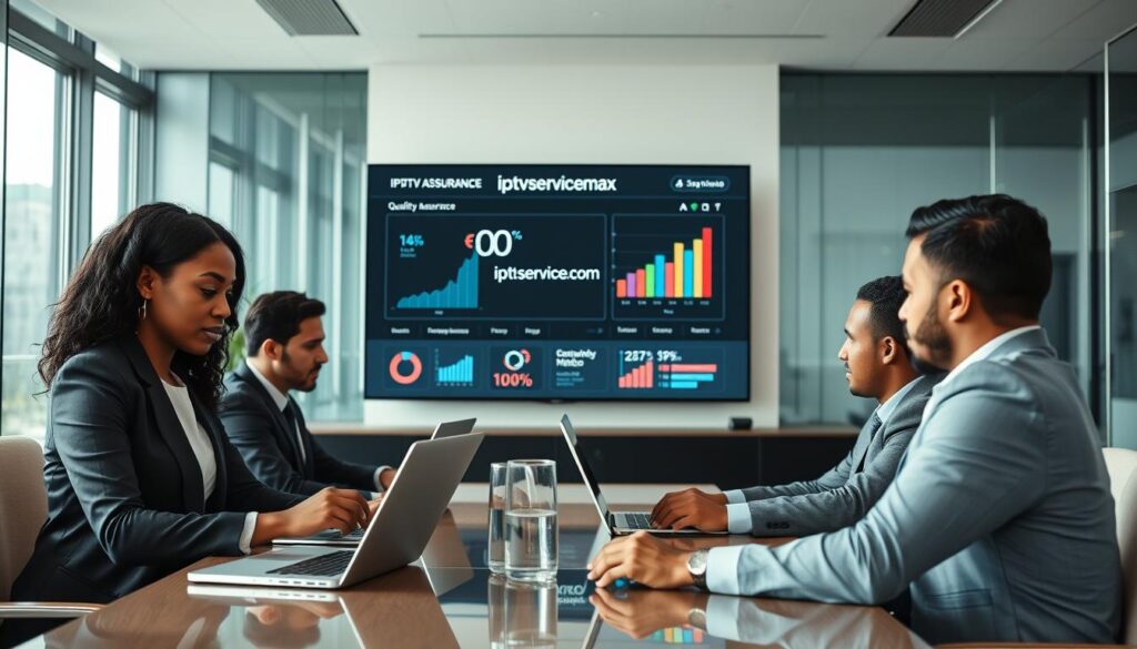 A professional business meeting scene focused on evaluating supplier credibility for streaming products. In the foreground, a diverse group of three business professionals—one Black woman and two Hispanic men—are intensely discussing data on laptops, dressed in smart business attire. The middle ground features a large screen displaying quality assurance metrics and digital graphs related to IPTV services, with the brand logo "iptvservicemax.com" prominently featured. The background shows a modern conference room with large windows, filtering in natural light, and sleek furnishings that convey a sophisticated tech environment. The overall mood is serious and focused, emphasizing professionalism and collaboration in the tech industry. Soft, diffused lighting enhances a sense of clarity and transparency in decision-making.