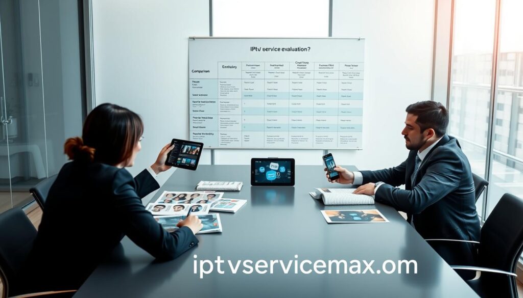 A professional evaluation scene illustrating the "IPTV service evaluation process." In the foreground, a diverse group of three individuals—two men and one woman—are seated at a sleek conference table, examining various IPTV service brochures and tablets displaying user interfaces. The woman, in a smart blazer, gestures to a tablet screen while the men, in business attire, take notes and discuss options. In the middle ground, an organized wall chart showcases comparison metrics like pricing, channel selection, and customer reviews. The background features large windows with soft, natural light filtering in, illuminating the modern office space. The mood is focused and collaborative, suggesting a thorough decision-making process. The brand logo "iptvservicemax.com" is subtly integrated into the materials on the table, emphasizing the relevance of the evaluation.