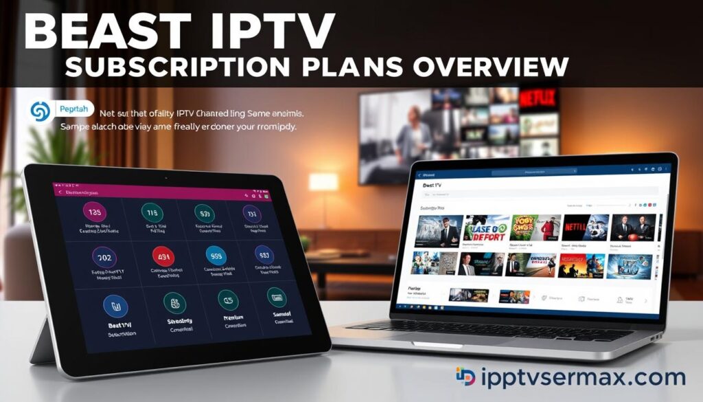 A professional infographic depicting "Beast IPTV Subscription Plans Overview". In the foreground, showcase a modern sleek tablet displaying an overview of various subscription tiers, featuring glossy icons representing different pricing options and features such as "Basic", "Standard", and "Premium". In the middle ground, include a laptop with a clean interface showing sample channels from Beast IPTV, arranged neatly. The background should feature a stylish home setting with a comfortable couch, soft ambient lighting, and a large TV screen illustrating the IPTV service in action. The mood is informative yet engaging, aiming to attract readers. Ensure the branding of "iptvservicemax.com" is subtly integrated into the design elements. The overall color palette should be cool and professional, suitable for a tech-savvy audience.