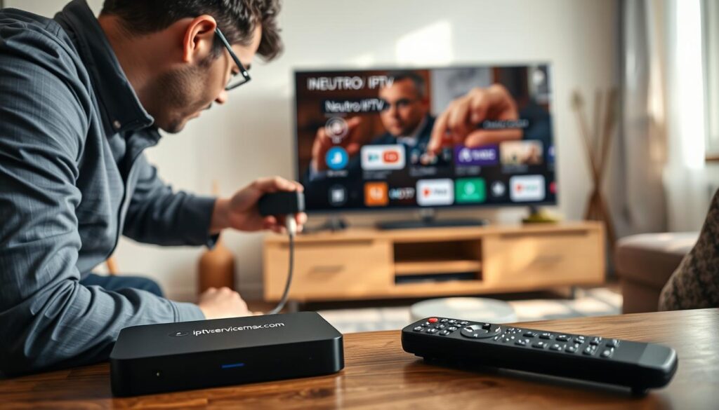 A professional installation process scene for Neutro IPTV, showcasing a technician in smart casual clothing working on a modern smart TV setup in a cozy living room. The foreground features the technician, focusing intently on a device being connected to the TV. In the middle ground, a sleek media player and a remote control lay nearby, highlighting the Neutro IPTV device's compatibility with various screens. The background depicts a well-lit room with contemporary décor, soft natural light streaming through a window to create a warm atmosphere. Include subtle branding for "iptvservicemax.com" on the devices to emphasize reliability. Use a shallow depth of field to draw attention to the installation process while maintaining a clear, inviting environment.