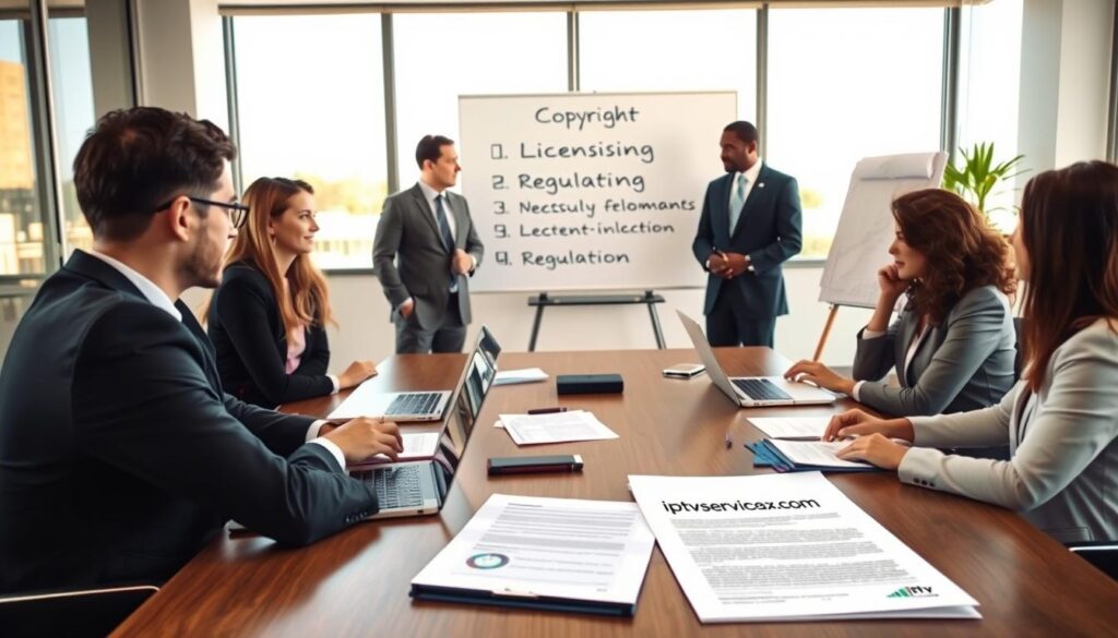 A professional office environment illustrating "Legal Considerations for IPTV Services in the United States." In the foreground, a diverse group of three business professionals, dressed in business attire, discuss legal documents and regulations related to IPTV. The middle features a large conference table with laptops, legal pads, and research papers scattered, emphasizing a collaborative effort. In the background, a whiteboard displays key points such as "Copyright," "Licensing," and "Regulation" in clear bullet format. The room is well-lit with natural light streaming through large windows, providing a warm, focused atmosphere. The camera angle captures the discussion from a slightly elevated perspective, inviting viewers into the conversation. Subtle branding of "iptvservicemax.com" is integrated into a document on the table, enhancing the professionalism of the scene.