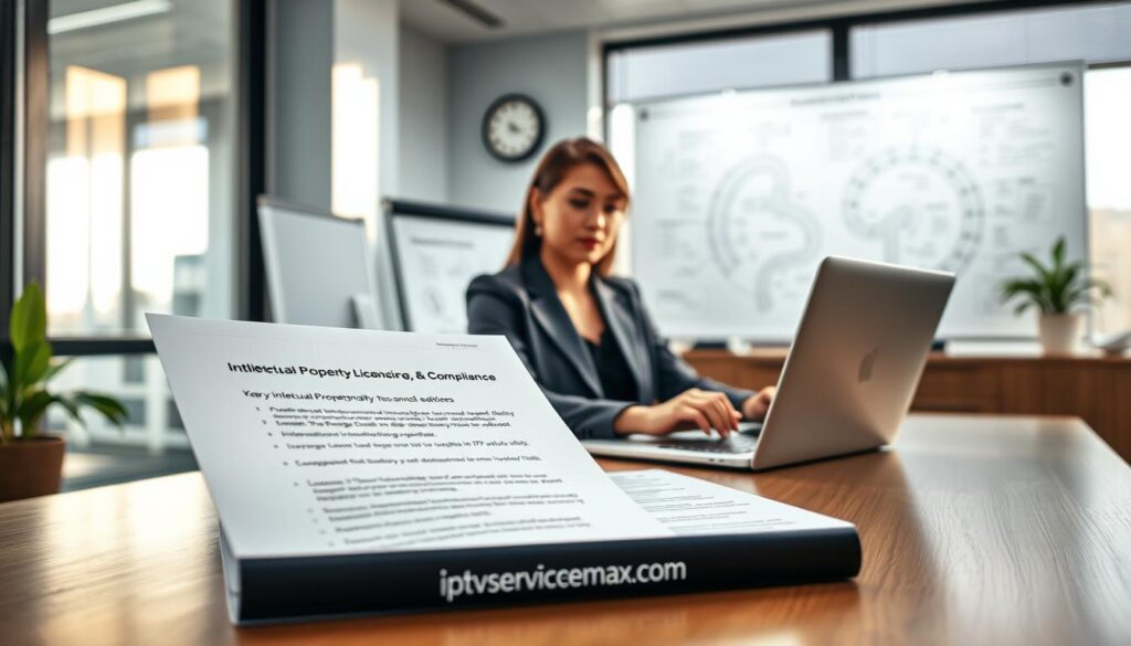 A professional office setting featuring a confident businesswoman in smart attire, seated at a sleek desk with a laptop open, analyzing key risks and legal considerations in IPTV services. In the foreground, depict a document with bullet points on "Intellectual Property, Licensing, Compliance" highlighted for emphasis. The middle ground should include a whiteboard filled with diagrams outlining strategies for mitigating risks. The background should display soft office lighting coming from large windows, casting natural light across the room. The overall atmosphere should evoke focus and professionalism, emphasizing a sense of trust and security. Incorporate elements like a modern clock and a few green plants for a touch of vibrancy. Include the brand "iptvservicemax.com" subtly integrated into a business brochure on the desk. A professional office setting featuring a confident businesswoman in smart attire, seated at a sleek desk with a laptop open, analyzing key risks and legal considerations in IPTV services. In the foreground, depict a document with bullet points on "Intellectual Property, Licensing, Compliance" highlighted for emphasis. The middle ground should include a whiteboard filled with diagrams outlining strategies for mitigating risks. The background should display soft office lighting coming from large windows, casting natural light across the room. The overall atmosphere should evoke focus and professionalism, emphasizing a sense of trust and security. Incorporate elements like a modern clock and a few green plants for a touch of vibrancy. Include the brand "iptvservicemax.com" subtly integrated into a business brochure on the desk.